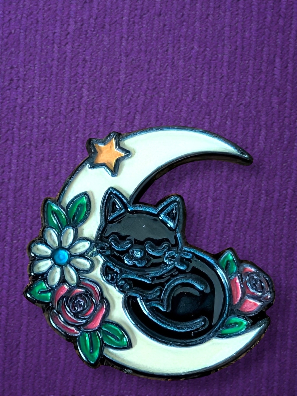 Black Cat Sleeping on Moon Enamel Pin with Floral Accents